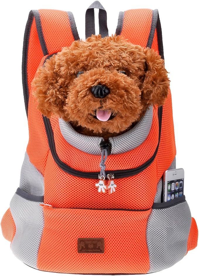 Mogoko Airline Approved Cat Dog Backpack, Puupy Pet Carrier Front Bag with Breathable Head Out Design and Double Mesh Padded Shoulder for Outdoor Travel Hiking (L, Orange)