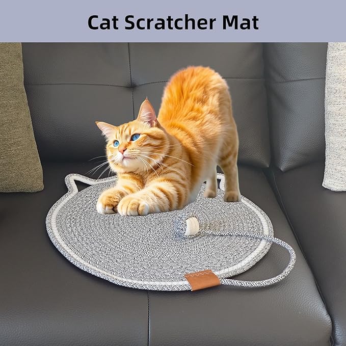Cat Scratcher Mat, Natural Cotton Rope Cat Scratching Pad, 16.9'' Round Cat Wall & Floor Scratch Pad, Durable Double - Sided Cat Scratcher, Furniture Protector for Wall, Sofa, Couch, Carpet, Grey
