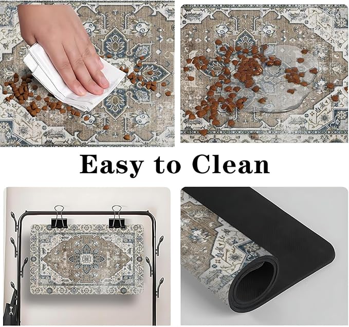 Dog Food Mats for Floors, Absorbent and Quick-Drying Pet Cat Food Mat,Anti-Fouling and Easy-to-Clean Pet Feeding Mat,Dog Bowl Mat for Messy Drinking Water Bowls.17 x27, Bohemia Style