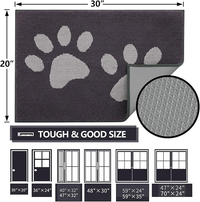 Buganda Dog Door Mat for Muddy Paws, Absorbent Dirt Trapper Washable Indoor Doormats, Non Slip Low-Profile Mud Mat for Dogs, Front Entrance Doormat for Inside Floor (59x20 Inches, Dark Grey)
