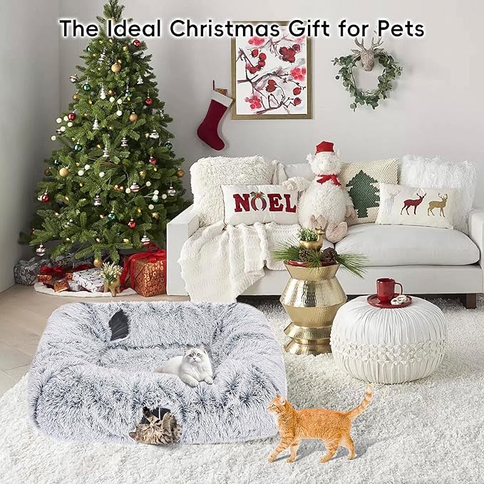 Extra Large Cat Tunnel Bed, 4 Ways Tunnels for Indoor Cats, Multi-cat Family Cat Bed & Cave, Plush Cat Donut with Washable Middle Mat, Exit Balls, Pet Play Toy for Kitten Puppy Rabbit