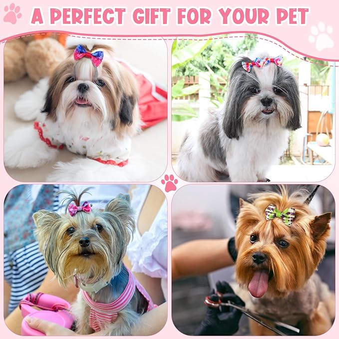60 Pcs Cute Puppy Dog Hair Bows Small Bowknot Hair Bows with Rubber Bands Handmade Knot Accessories Pet Grooming Products for Holiday Birthday Gift(Tie Dye)