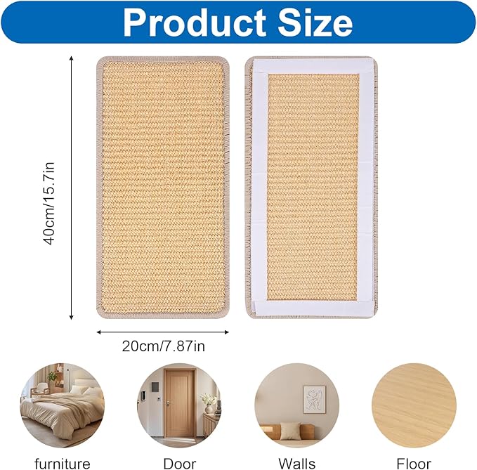 4 PCS Carpet Cat Scratching Mat Sisal, 15.7 x 7.8 inch Natural Sisal Cat Scratching Mat with Adhesive Hook Loop Tape for Indoor Protect Couch and Carpets