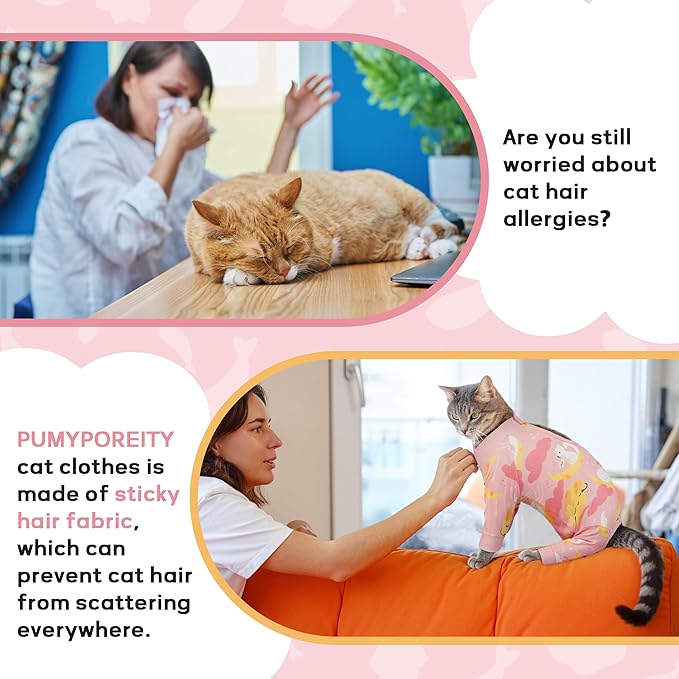 PUMYPOREITY Cat Recovery Suit, Stops Wound Licking After Surgery, Sticky Hair Shirt with Sticky Fabric, Cat Pajamas Prevents Over-Grooming, Kitten Onesie - Soft & Machine Washable, Pink, XS