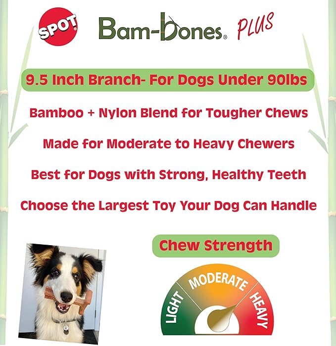 SPOT Bam-Bones Plus Branch -Bamboo Fiber & Nylon, Durable Long Lasting Dog Chew for Aggressive Chewers – Great Toy for Adult Dogs & Teething Puppies Under 90lbs, Non-Splintering, 9.5in, Beef Flavor
