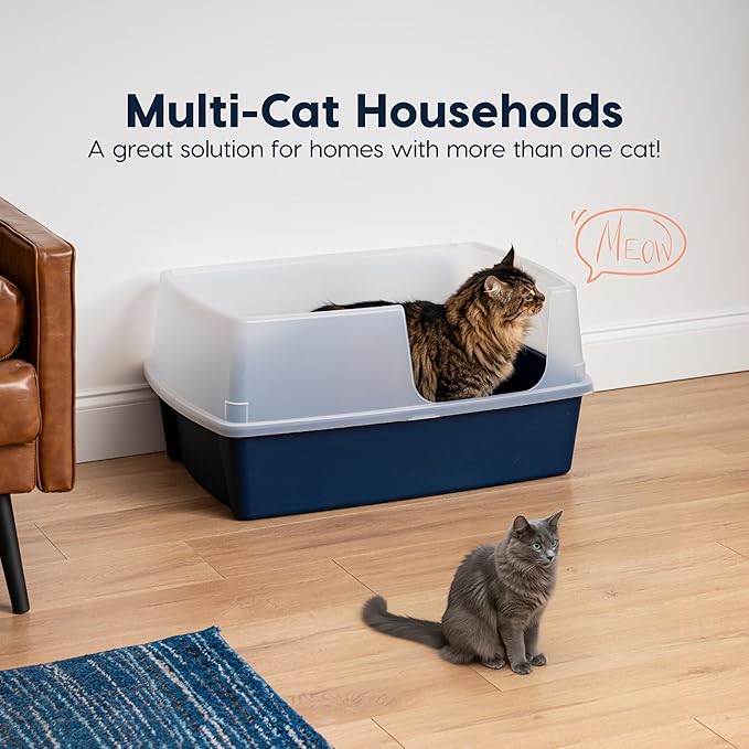 IRIS USA XX-Large Side Entry Cat Litter Box, Open Top Extra Large Litter Box for Big Cats and Multi-Cat Households, High Sided Scatter Shield, Easy to Clean, 30" L x 20" W x 14" H, Navy