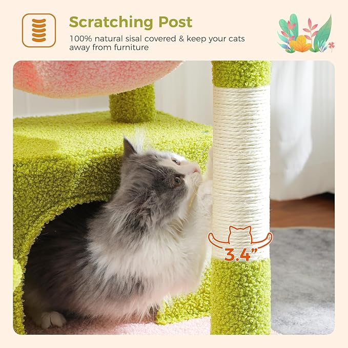 PEQULTI 4-in-1 Multi-Level Cat Tower, 33'' Pink Cat Tree for Indoor Cats with Large Condo, Scratching Post for Cats with Deep Hammock& Cozy Top Perch