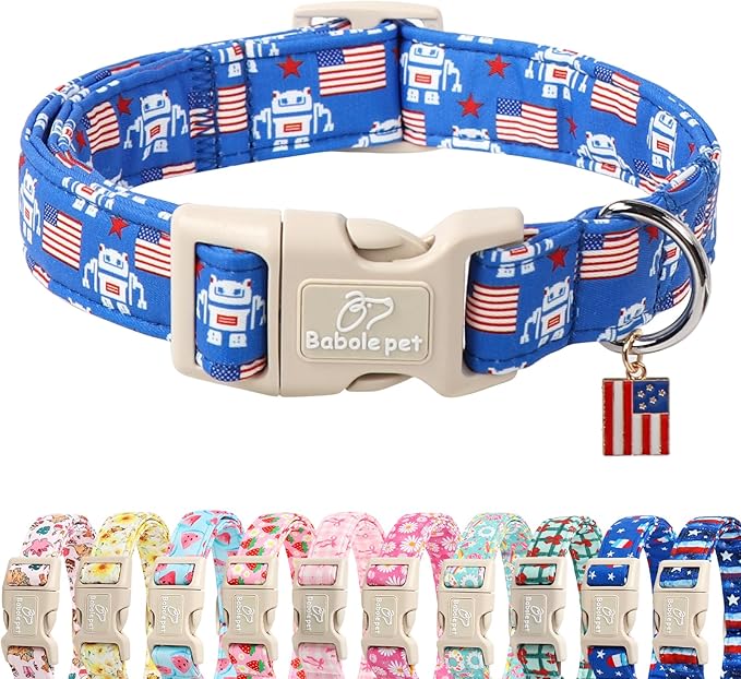 4th of July Dog Collar, Robot Star-Spangled Patriotic Dog Collars for Giant Large Dogs, Adjustable Lightweight Quick-Release Buckle Collar for Boy&Girl Dogs XL