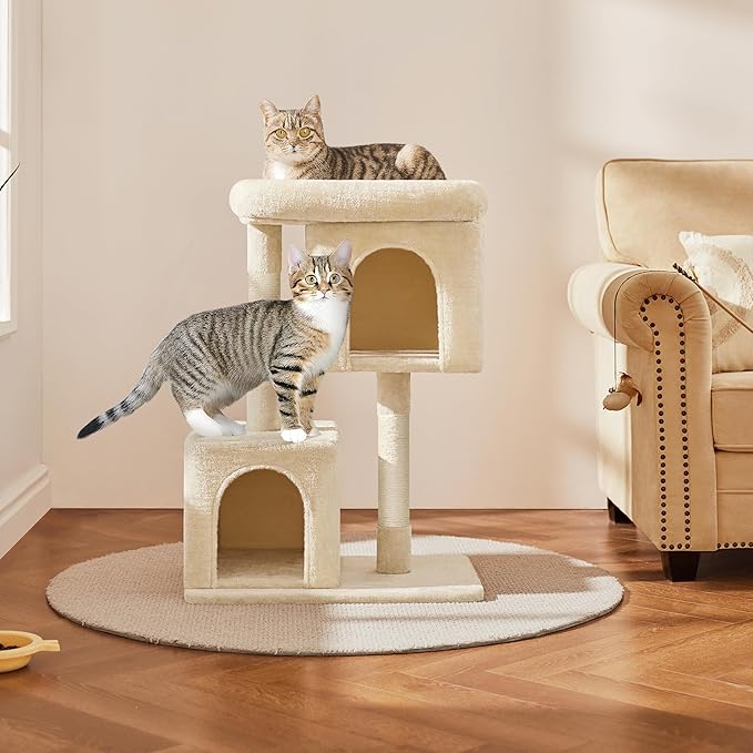 Yaheetech Cat Tree, 33.5in Cat Tower with 2 Cozy Condos, Soft Perch & Sisal Scratching Posts, Cat House Activity Center Furniture for Indoor Cats, Beige