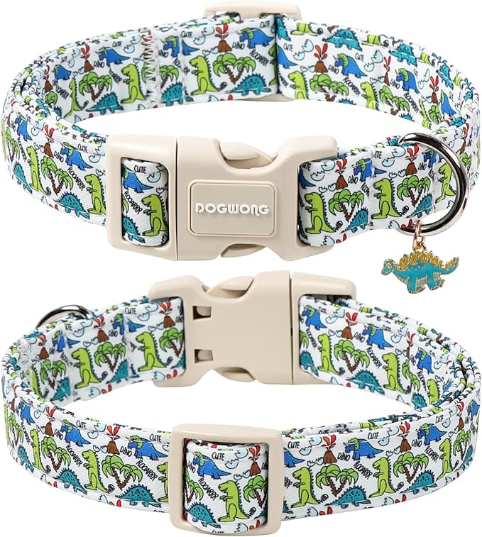 DOGWONG Dinosaur Dog Collar-Cute Green Dinosaur Dog Collar for Small Dogs, Adjustable Comfortable Cotton Boy Dog Collars for Small Medium Large Dogs,S