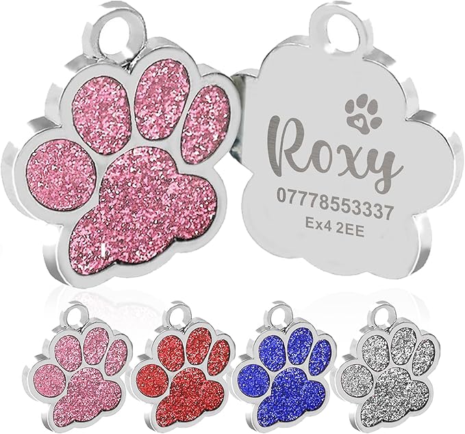 EDSG Cat Dog Tags Personalized for Pets, Dog Name Tags Cat Name ID Tag, Engraved Dog Tags Dog ID Tags Small Glitter Bling ID Tag Paw Print for Cat Pet Dog Puppy(Red,Design 4)