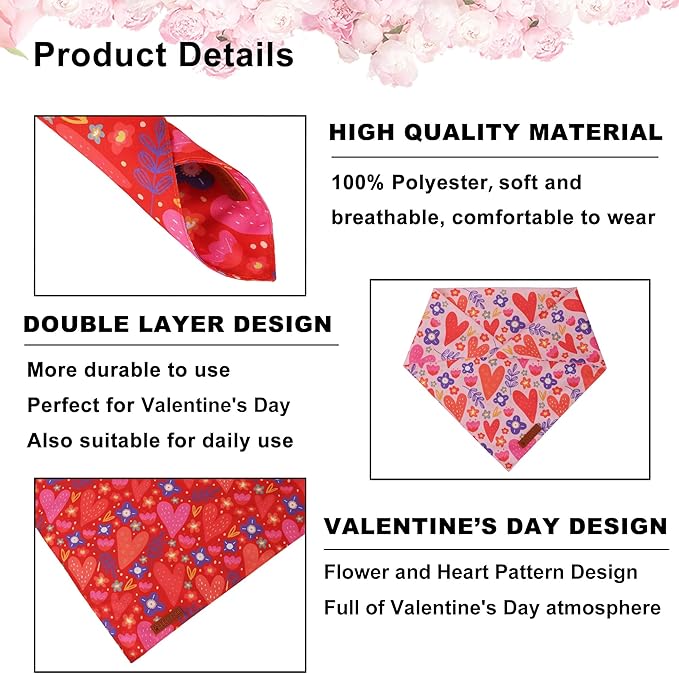 ADOGGYGO Valentines Dog Bandana 2 Pack, Heart and Floral Print Puppy Scarf Bib, Adjustable Fit Red Pink Valentines Bandanas for Small Dogs Pets (Small)
