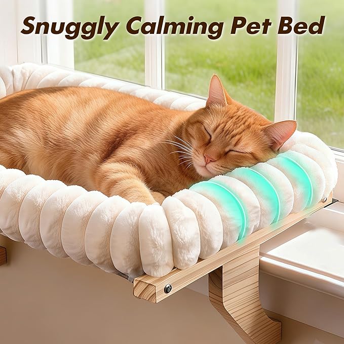 Cloud-Cuddle Cat Perch for Window Sill with Bolster, Natural Wood & Metal Frame Cat Window Seat for Large Cats, Easy to Adjust Zipper Cushion Pet Bed for Windowsill (Medium)