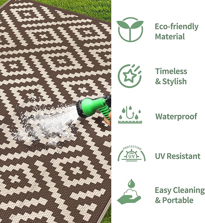 GENIMO Outdoor Rug for Patio Clearance, 9'x12' Waterproof Camping Mat, Reversible Plastic Straw Rugs for RV, Camper, Balcony, Backyard, Picnic, Deck (Coffee & Beige)