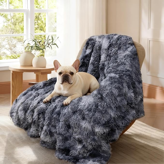Luciphia Large Waterproof Dog Blanket Pet Washable Liquid Proof Furniture Protector Small Shaggy Plush Calming Long Faux Fur Bed Cover for Couch Cat Blankets for Kitten Doggy, Tie-dye Grey, 30" x 40"