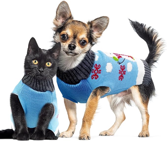 Pet Christmas Dog Sweaters Cute Animal Snowman Printed Puppy Xmas Costumes Winter Warm Turtleneck Jumpers Puppy Knitted Clothes Cat Outfits (XS, Blue Snowman)