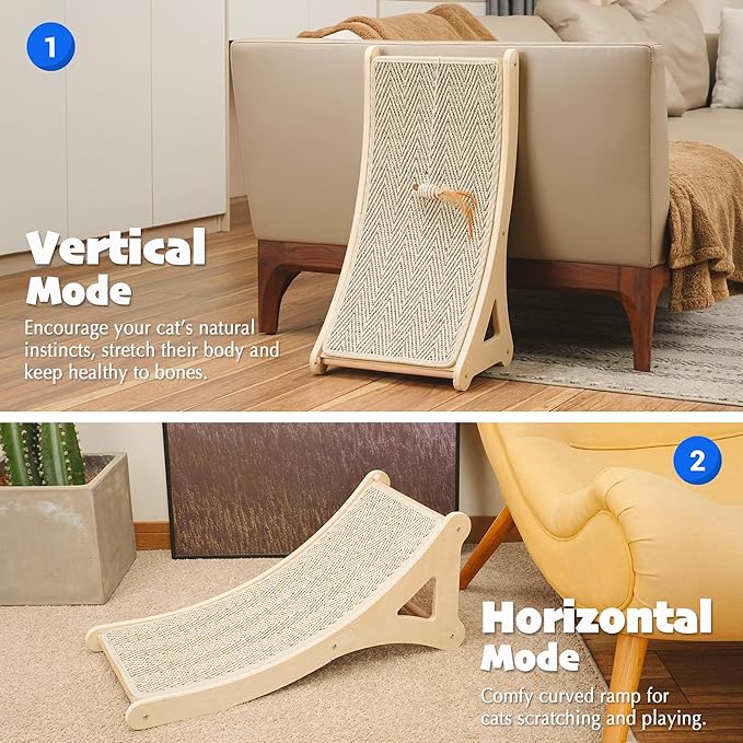 PETKARAY Curved Cat Scratcher, Sisal Kitty Scratching Ramp, L Shape Scratch Pad for Indoor Cats, 25.6" Furniture Protector with Mouse Toy, Chevron Style