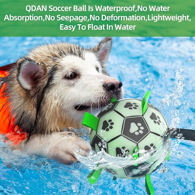 QDAN Glow in The Dark Dog Toys Soccer Ball with Straps - Light Up Dog Balls for Large Dogs, Interactive Dog Toys with Strap for Tug of War,Puppy Birthday Gifts (8 Inch)