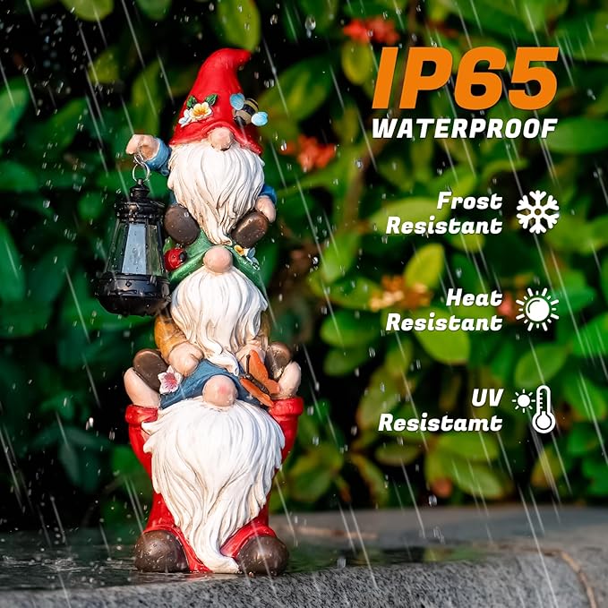 Garden Gnome Statue with Solar Lights Garden Sculptures Funny Triple Gnome Outdoor Patio Lawn Yard Balcony Home Decor Birthday Gift for Woman Grandma 12 in Spring Gnomes