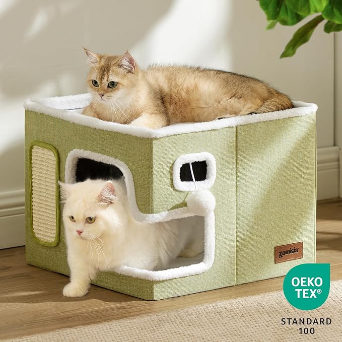 Cat Beds for Indoor Cats - Large Cat House for Pet with Fluffy Ball Hanging and Scratch Pad, Foldable Cat Hideaway,16.5x16.5x13 inches, Green