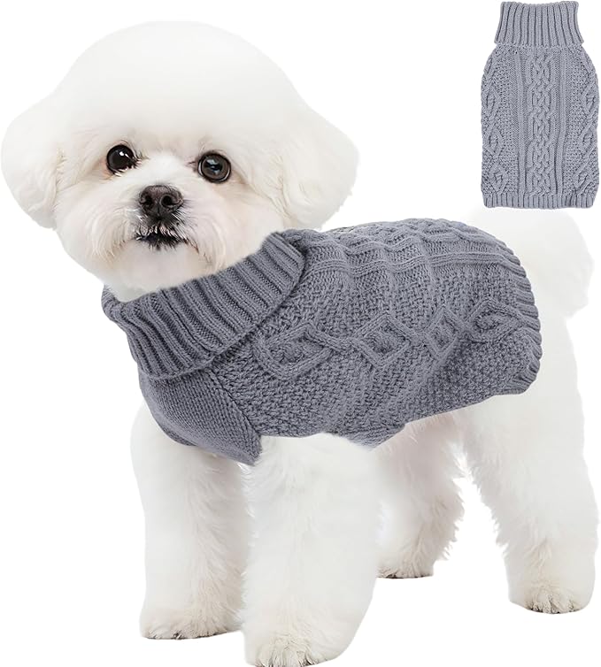 Dog Sweaters for Small Dogs Winter Dog Clothes Turtleneck Knit Puppy Sweater Warm Chihuahua Clothes Cat Sweater Frenchie Doggy Pullover Outfit with Twisted Design(Grey, X-Small)