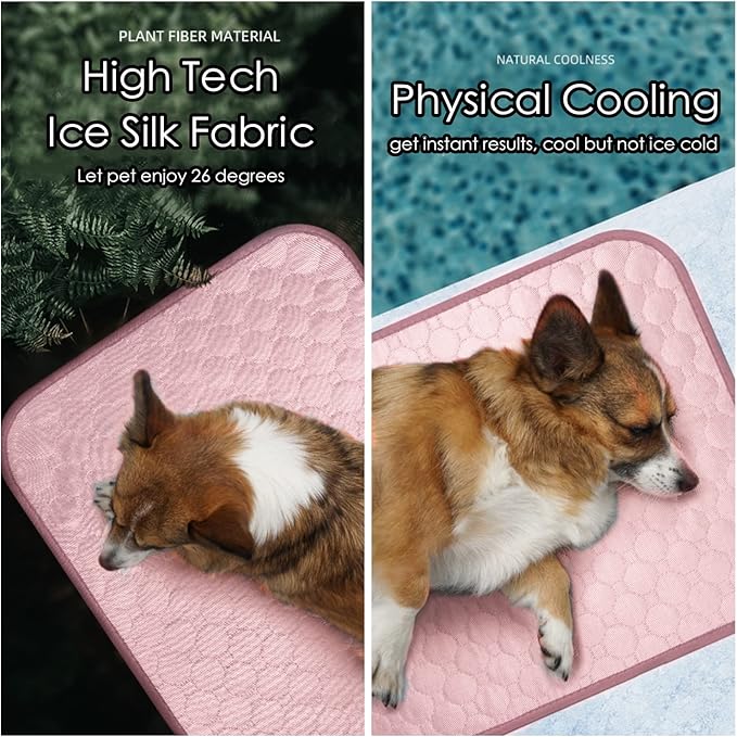 SOMOYA Dog Self Cooling Mat, Pet Washable Cooling Pad Blanket, Ice Silk Sleep Kennel Bed, Non-Toxic Breathable for Large Dogs Cats, Beach (Pink, 27.5x39.4 in)