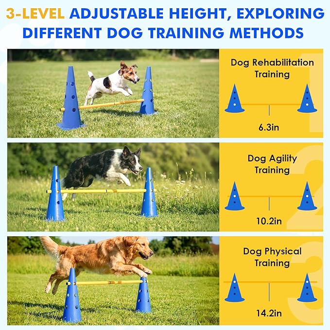 Wdmiya 18.9" Dog Agility Training Hurdle Cone Set, Dog Agility Course Backyard Set with Height Adjustable Crossbar, Dog Agility Equipment for Obedience, Rehabilitation, Starter - 12 Cones & 6 Poles