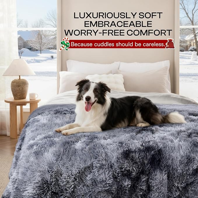 Luciphia Large Waterproof Dog Blanket Pet Washable Liquid Proof Furniture Protector Small Shaggy Plush Calming Long Faux Fur Bed Cover for Couch Cat Blankets for Kitten Doggy, Tie-dye Grey, 30" x 40"