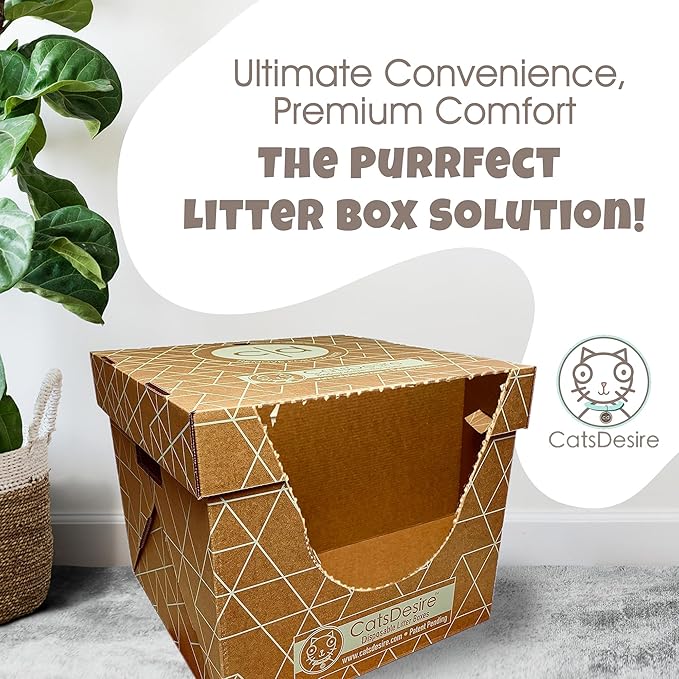 Cats Desire Litter Box - Disposable Litter Boxes for Cats (3 pcs) - Top/Low Entry & Enclosed Box - Teal on Natural Brown, Partially Recycled Cardboard, 17" L x 17" W x 15.25" H