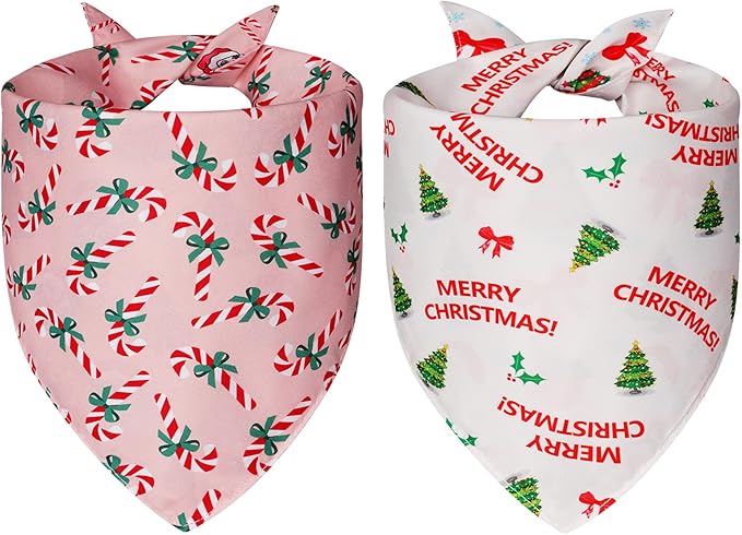 Cute Christmas Dog Bandanas XLarge 2PCS, 4 Pattern Holiday Scarf for Boy and Girl, Triangle Reversible Bibs Breed for Puppy Pets