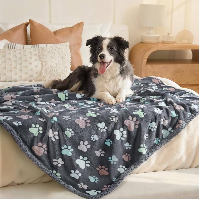 Luciphia Waterproof Pet Blankets for Couch Sofa Bed Cover Liquid Pee Proof Washable Soft Fluffy Large Dog Blanket Reversible Furniture Protection Grey Paw Thicken Large（65" x 57"）
