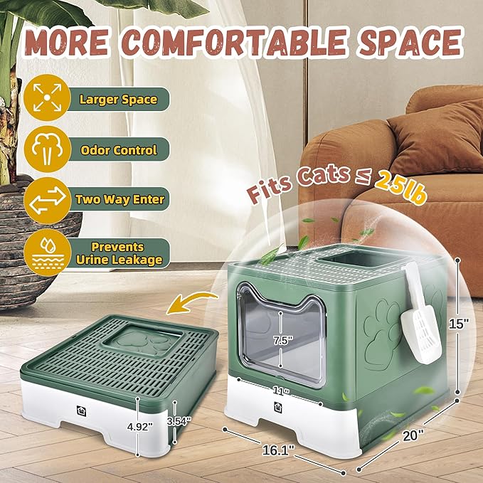 Cat Litter Box with Litter Mat, Foldable Extra Large Free in and Out/One-Way with Lid, Drawer Type Enclosed Kitty Litter Box,Odor Control Anti-Splashing Easy Cleaning (Green)