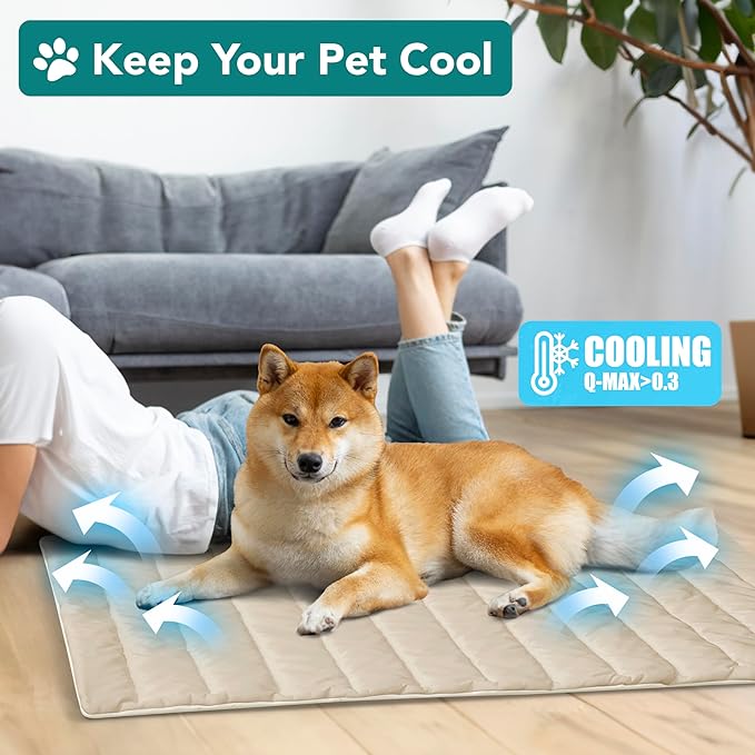 PetAmi Cooling Mat for Dog, Premium Pet Cooling Blanket for Crate Kennel, Indoor Cat Cool Sleeping Pad, Q-MAX Cold Sofa Couch Cover for Summer, Taupe/Beige, Large (40x60)