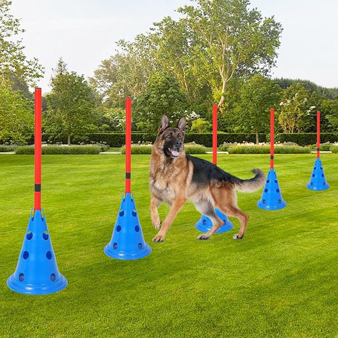 Garvee Dog Agile Hurdle Cone Set, Dog Training Agile Equipment with Height Adjustable Crossbar for Beginners & Advanced,Dog Obstacle Courses with 12 Cones & 6 Agile Rods & Carry Bag