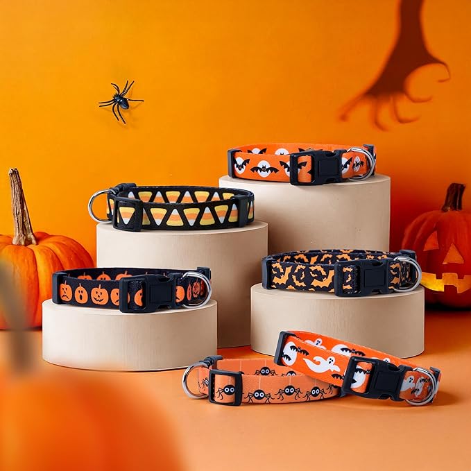 Native Pup Halloween Dog Collar- Spooky Fall Themed Horror Costume Collars- Skull, Pumpkin, Ghost, Bat, Witch, Candy Corn, Spider- Adjustable for Small, Medium, Large Breeds (Medium, Big Pumpkins)