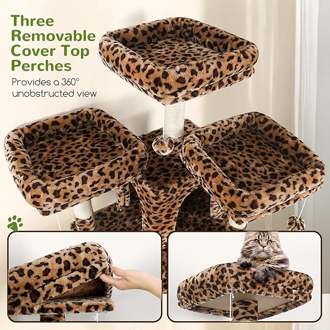 Globlazer Cat Trees and Towers for Multiple Adult Cats, 82-inch XXL Tall Cat Tree Tower for Indoor Cats with Scratching Post, 3 Perches, 2 Condos, 2 Hanging Baskets, F82, Leopard Print