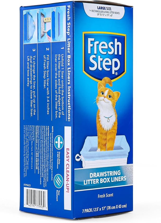 Fresh Step Drawstring Cat Litter Box Liners, Scented Heavy Duty Kitty Litter Bags for Large Oval or Rectangle Pans, Helps Contain Odor and Mess, Easy Lift Out Cleanup, 30 x 17 in, 7 Count