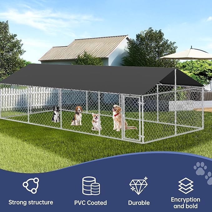 Petonly Outdoor Dog Enclosure Heavy Duty Dog Kennel House Mesh Dog Big Cage Pet Kennel Steel Fence with Secure Lock(236”x 118”)