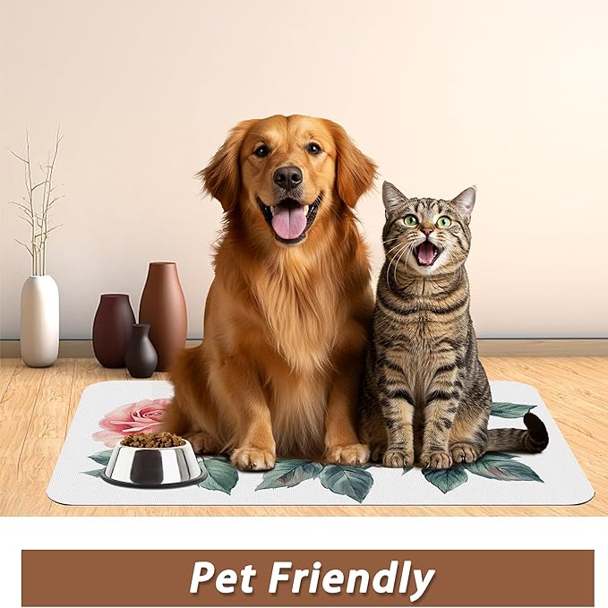 Pink Rose Pet Feeding Mat,Vintage Absorbent Quick-Dry Cat Dog Food and Water Bowl Mats,Non-Slip Rubber Backing Mat,Cat Dog Accessories Supplies 12"x20"
