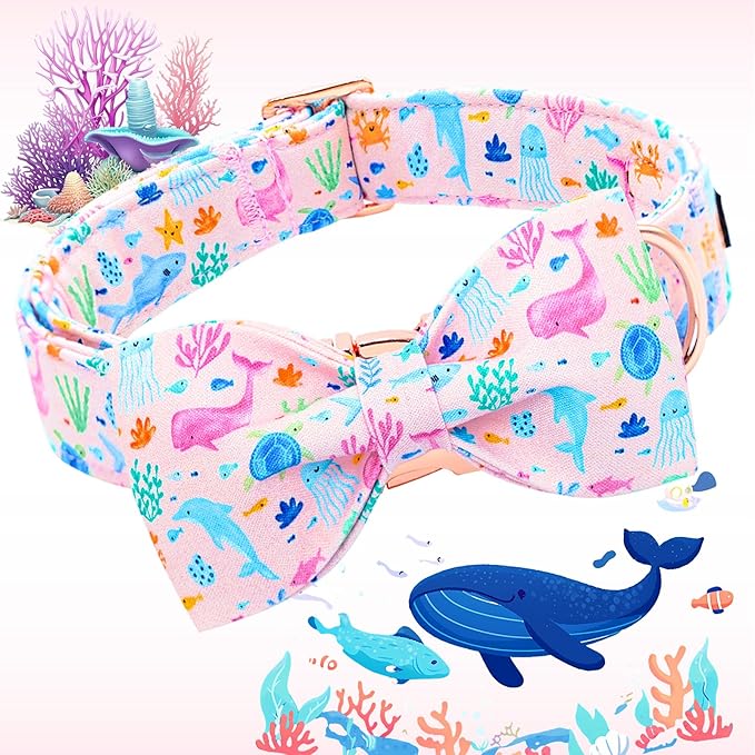 Lionheart glory Dog Bow Collar Sea Animals Print Pink Dog Collar for X-Large Dogs,Female Male Dog Collars with Bowtie Spring Summer Collars Soft Adjustable Pet Collar Bows