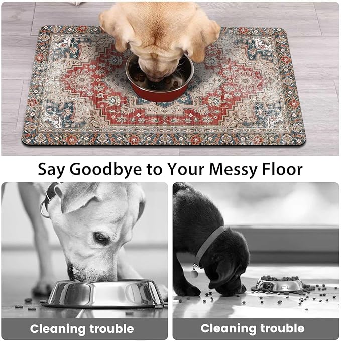 Dog Food Mats for Floors, Absorbent and Quick-Drying Pet Cat Food Mat,Anti-Fouling and Easy-to-Clean Pet Feeding Mat,Dog Bowl Mat for Messy Drinking Water Bowls.17 x32, Bohemia Style