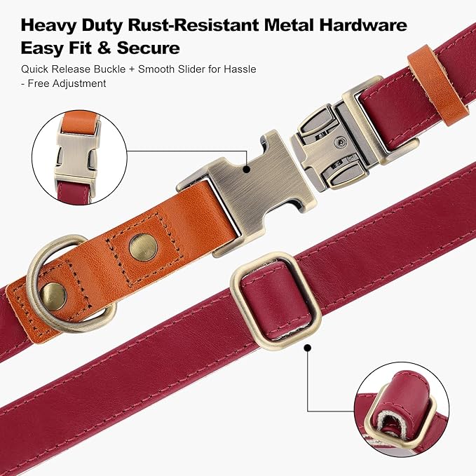Plutus Pet Genuine Leather & Hemp Dog Collar – Adjustable Heavy Duty Pet Collar with Quick Release Metal Buckle, Soft & Stylish for Puppy and Small, Medium, Large Dogs (Burgundy, L)