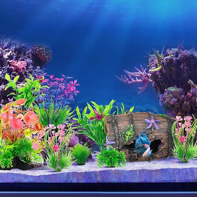 CousDUoBe Fish Broken Barrel Decor Fish Tank Decorations Betta Fish Tank Accessories,Starfish Barrel x 1pc, Aquarium Plants x 8pcs