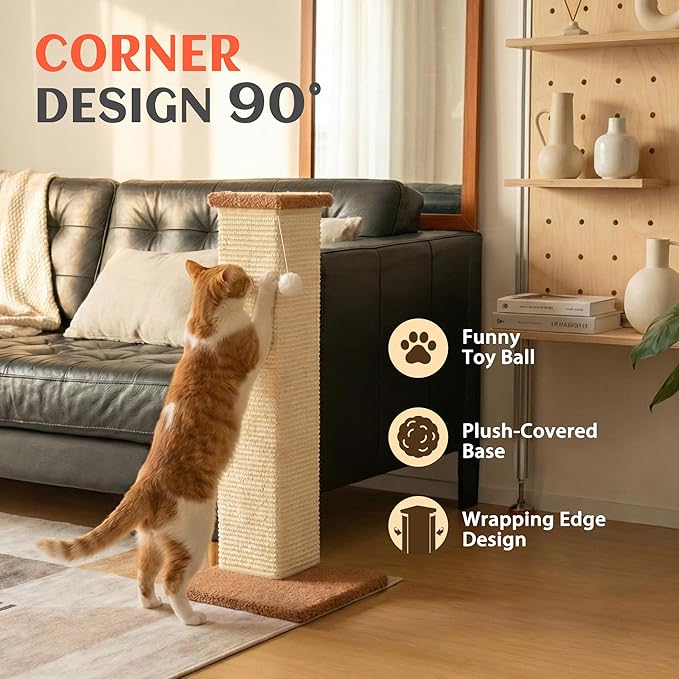 PETKARAY Couch Corner Cat Scratcher, 28.5" Sisal Scratching Post for Indoor Cats, Corner Wall Scratch Pad for Furniture Protection, Plush Base, Large
