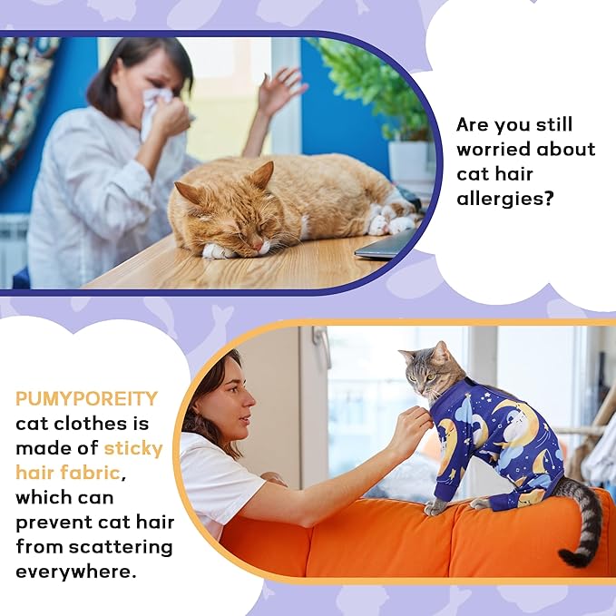 PUMYPOREITY Cat Hair Sticky Sweater, Stretchy 4-Leg Design for Fur Control, Recovery Suit - Breathable & Lightweight for Post-Surgery Protection, Cat Onsie Prevents Licking Wounds, Blue, 2XL