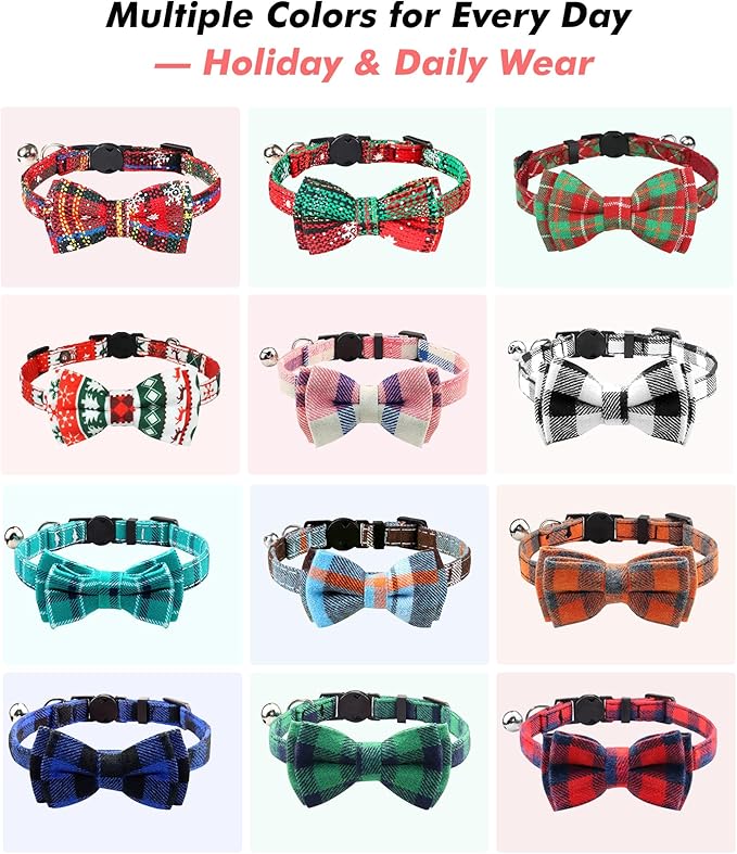 Joytale Upgraded Cat Collar with Bells, Breakaway Cat Collars with Bow Tie, 2 Pack Girl Boy Safety Plaid Kitten Collars, Black+Blue