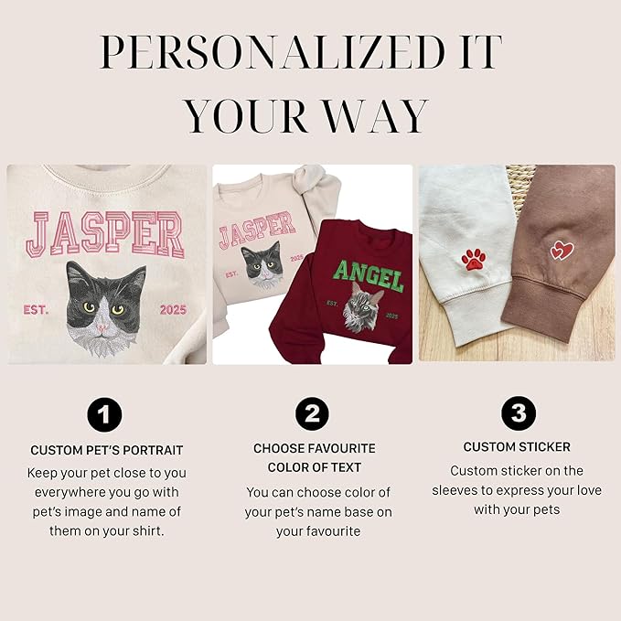 VIOLAVA Custom Cat Embroidered Christmas Sweatshirt – Personalized Pet Name Holiday Crewneck, Festive Gift for Cat Lovers