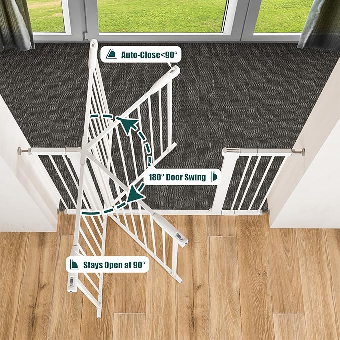 keny 29.7"-51.5" Extra Wide Baby Gate for Stairs, Easy Walk Thru Dog Gate with 21.1" Large Opening Door, Pressured Mounted No Drilling Pet Gate, 30" Tall, White
