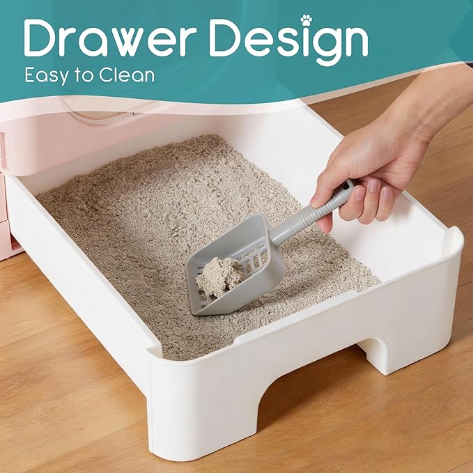 OLIXIS Cat Litter Box with Lid, Large Foldable Cat Box with Litter Scoop, Front Entry Top Exit Kitty Litter Box with Door, Easy Cleaning Drawer Design Odor Control, Pink
