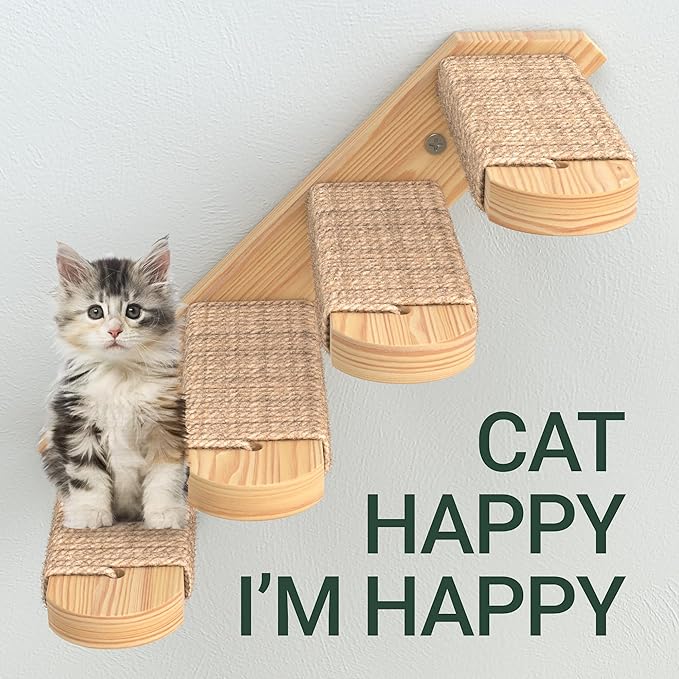 Skywin Cat Steps - Solid Rubber Wood Cat Wall Stairs Great for Scratching and Climbing - Easy to Install Wall Mounted Shelves for Playful Cats (Wood, Left-Right)